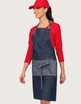 Grembiule in denim con inserti in eco pelle blu "Freddie"