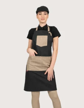 Grembiule in denim nero con tasche in lino naturale “Kelor”