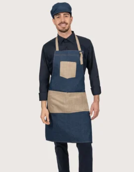 Grembiule in denim blu con tasche in lino naturale “Kelor”