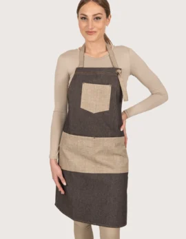 Grembiule in denim marrone con tasche in lino naturale “Kelor”